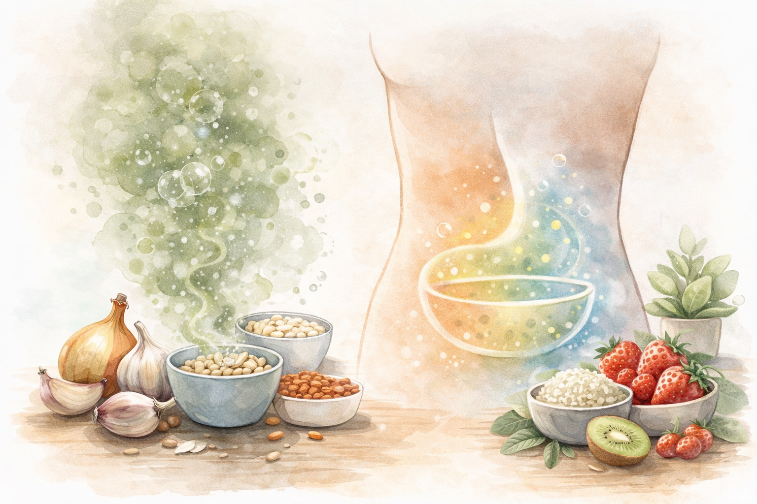 Ilustração em aquarela mostrando alimentos ricos em FODMAP associados a gases intestinais e, em contraste, alimentos de baixo FODMAP ligados a digestão mais confortável.